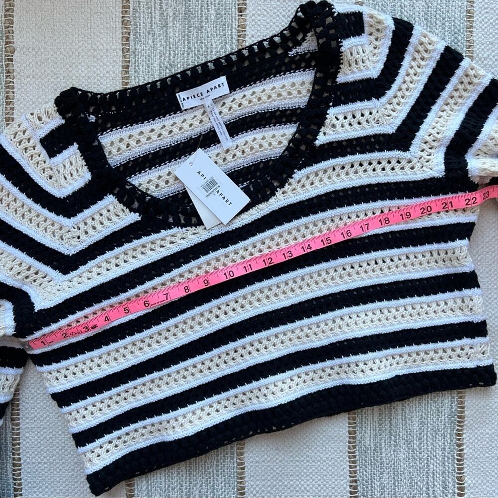 Apiece Apart Black White Striped Open Crochet Knit Slouchy Pullover Sweater XL - Picture 6 of 9